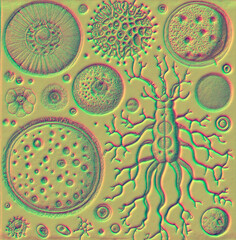 Drawings of microbes in antique book, 3D illustration. Fantasy historical illustration