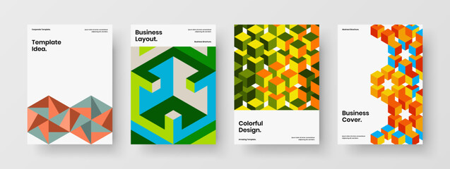 Bright geometric pattern poster concept collection. Unique corporate cover A4 vector design template set.