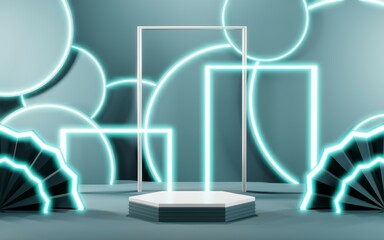 3D render of Podium background in blue tones for displaying cream products. cosmetics