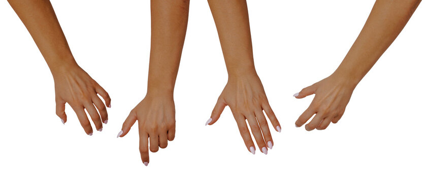 Top view of different female hands on a transparent background, cut out from the background. Different female hands grabbing something, reaching for something. The concept of placing in own projects.