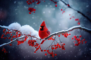 Beautiful red northern cardinal bird sitting on a branch with red berries and snow in the snowy winter forest, red cardinal, redbird, AI generated image
