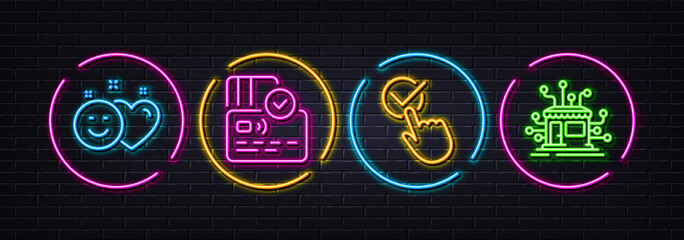 Card, Checkbox and Smile minimal line icons. Neon laser 3d lights. Distribution icons. For web, application, printing. Bank payment, Approved, Social media like. Warehouse network. Vector