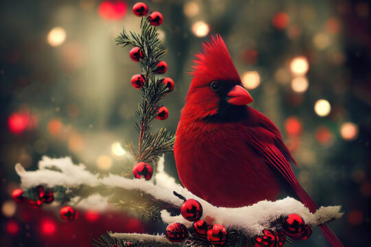 Beautiful red northern cardinal bird sitting on a spruce branch with red Christmas balls, lights background, red cardinal, redbird, AI generated image