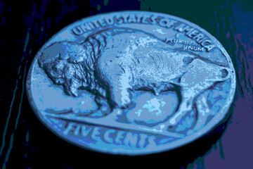US nickel. Coin 5 cents closeup. Blue tinted pasteurization illustration with American bison. Buffalo nickel. News about USA economy and money. Public debt and treasuries. Five-cent coin. Macro