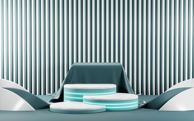 3D render of Podium background in blue tones for displaying cream products. cosmetics