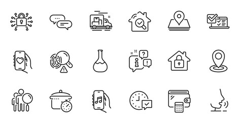 Outline set of Inspect, Wallet and Lock line icons for web application. Talk, information, delivery truck outline icon. Include Music app, Chemistry lab, Boiling pan icons. Vector