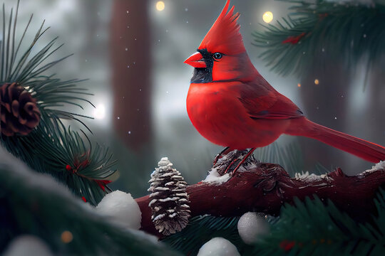Beautiful red northern cardinal bird sitting on a spruce branch with cones, AI generated image