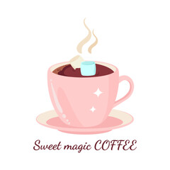 Tasty dessert drink. A cup of hot chocolate all Coffee with Marshmallows. Sweet magic Coffee. Vector illustration. 