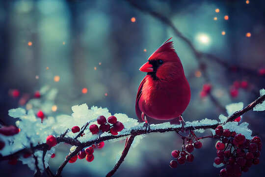 Beautiful red northern cardinal bird sitting on a branch with red berries and snow on a blue background, red cardinal, redbird, AI generated image