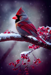 Beautiful red northern cardinal bird sitting on a branch with red berries, red cardinal, redbird, AI generated image