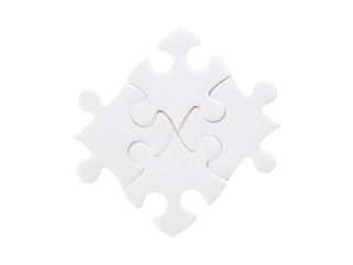 Four white puzzle pieces. Isolated png with transparency