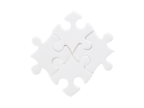 Four white puzzle pieces. Isolated png with transparency