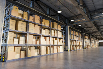 3D illustration. Cardboard boxes on storage warehouse shelves.