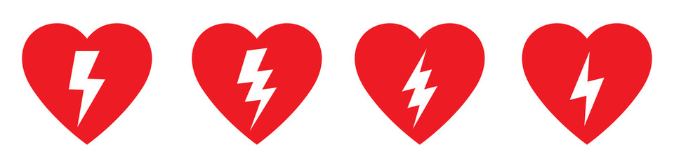 AED icon, automated external defibrillator, aed sign with heart and electricity symbol flat vector icon. - obrazy, fototapety, plakaty