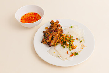 Banh hoi thit nuong, Vietnamese Rice Vermicelli Woven with grilled pork, sauce. vietnamese food isolated on white background, perspective view