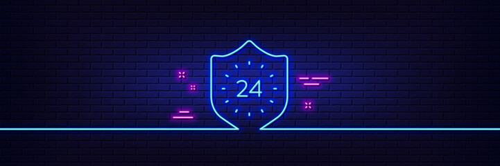 Neon light glow effect. 24 hours protection line icon. Shield sign. 3d line neon glow icon. Brick wall banner. 24 hours outline. Vector