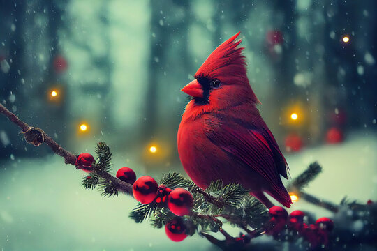 Beautiful red northern cardinal bird sitting on a spruce branch with red Christmas ornaments in the snowy winter forest, red cardinal, redbird, AI generated image