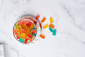 Colorful Fruity Gummy Bears in a bowl