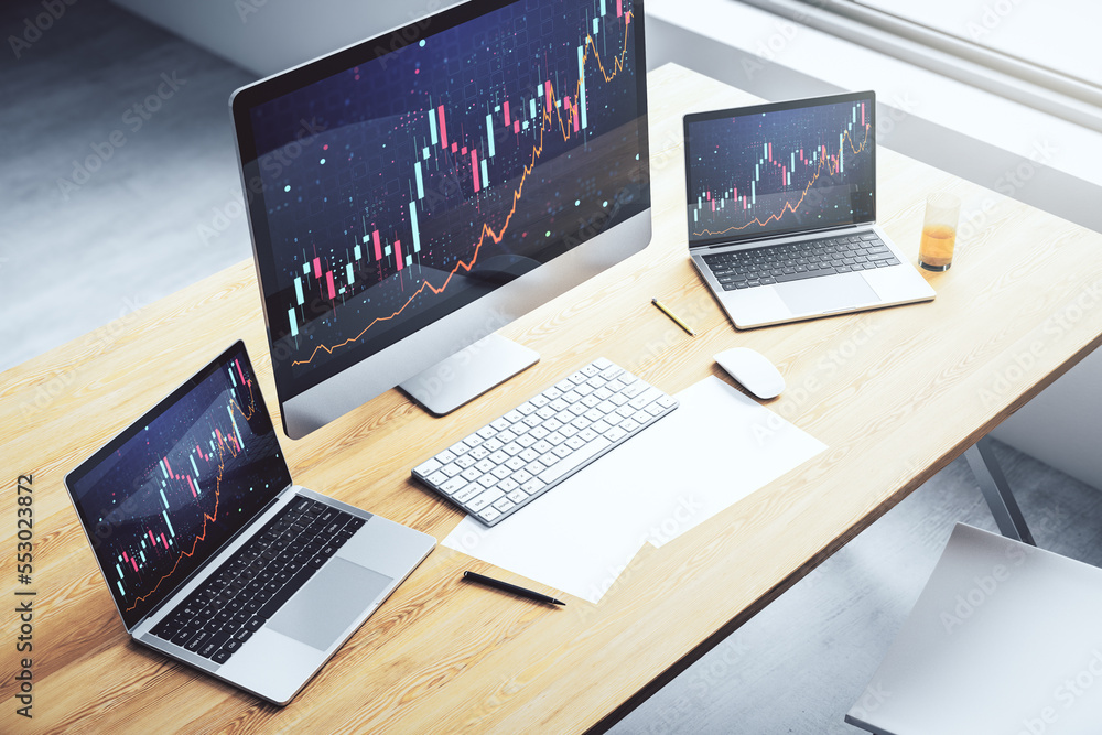 Poster Computer monitor with abstract financial graph, finance and trading concept. 3D Rendering
