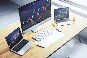 Computer monitor with abstract financial graph, finance and trading concept. 3D Rendering