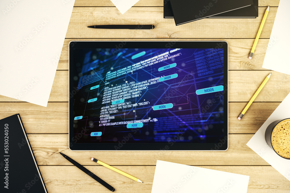 Fototapete top view of modern digital tablet screen with abstract creative programming illustration, big data a