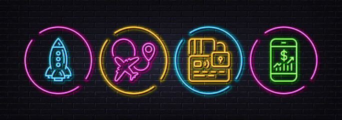 Fototapeta na wymiar Card, Rocket and Airplane minimal line icons. Neon laser 3d lights. Mobile finance icons. For web, application, printing. Bank payment, Spaceship, Plane. Phone accounting. Neon lights buttons. Vector