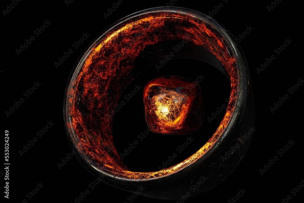 Poster an abstract background on which is a fiery circle with a cube inside on a black background. 3d rende