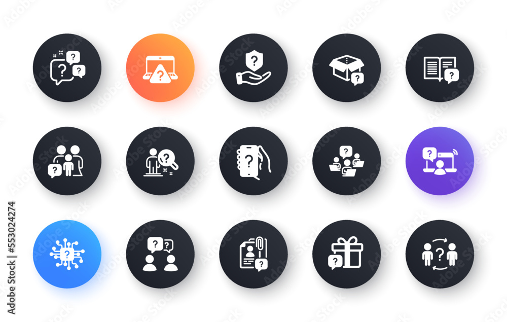 Poster questions icons. problem solve, artificial intelligence computer, phone with question mark. quiz, fa