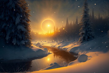 a winter wonderland, golden hour, celestial feeling