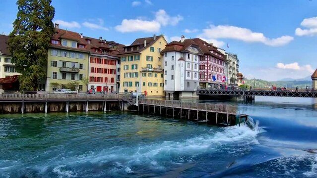 Panoramic view of Lucerne (Luzern) with famous Chapel wooden bridge . Switzerland travel and landmarks