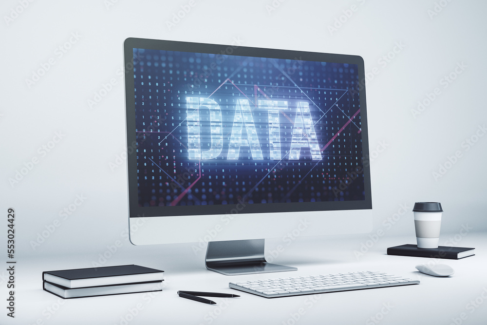 Poster creative data word sign on modern laptop screen. 3d rendering