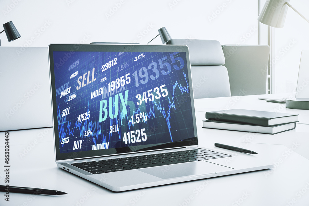 Poster modern computer monitor with abstract creative financial chart, research and strategy concept. 3d re