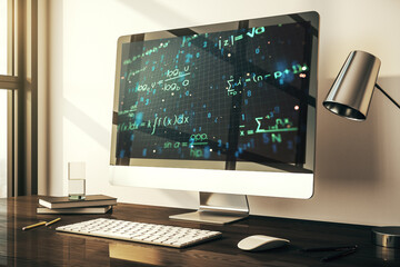 Creative scientific formula hologram on modern laptop monitor, research concept. 3D Rendering