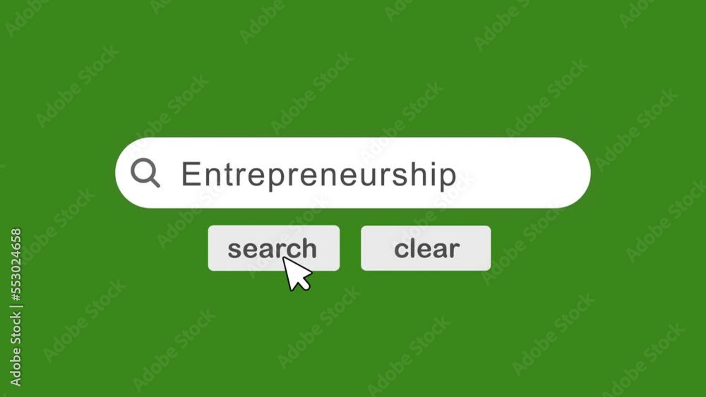 Poster entrepreneurship typing on search bar with click animation on green background.searching the word on