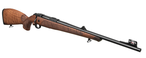Modern bolt-action carbine with a wooden stock. Weapons for sports, hunting and self-defense....