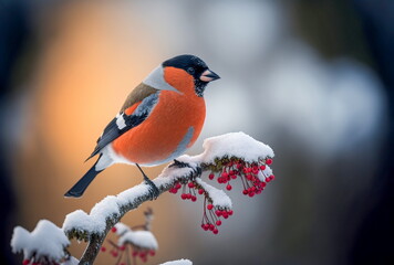 Bullfinch bird sitting on the snow capped branch