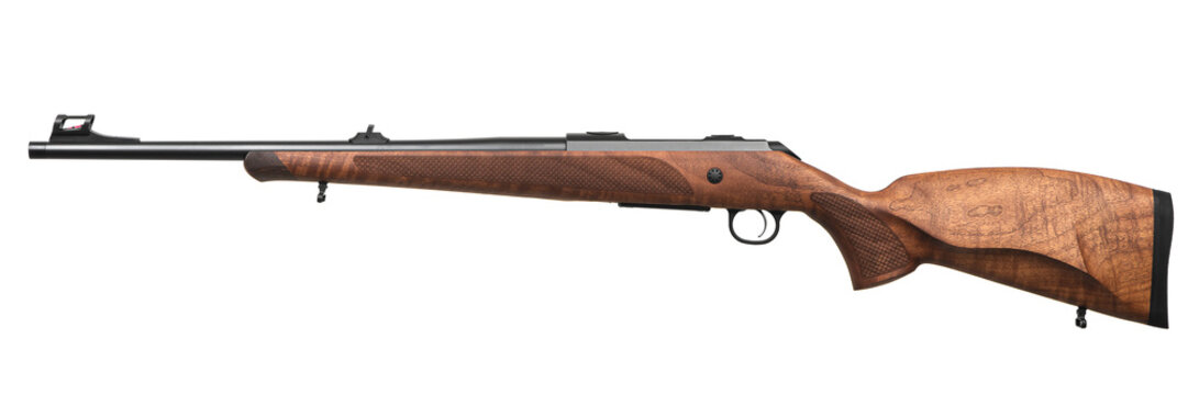 Modern bolt-action carbine with a wooden stock. Weapons for sports, hunting and self-defense. Isolate on a white back.