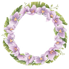 Watercolor Wreath of green spring branches and Leaves. Hand drawn illustration of Round Frame for greeting cards or wedding invitations. Floral botanical border in rustic style on isolated background.