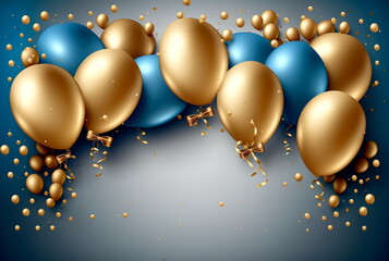 Realistic Festive background with golden and blue balloons falling confetti blurry background and a bokeh lights