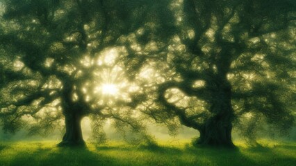 Fototapeta na wymiar Tree foliage old oak with sunlight in morning light.