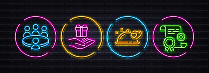 Romantic dinner, Loyalty program and Meeting minimal line icons. Neon laser 3d lights. Construction document icons. For web, application, printing. Restaurant food, Gift, Human resource. Vector