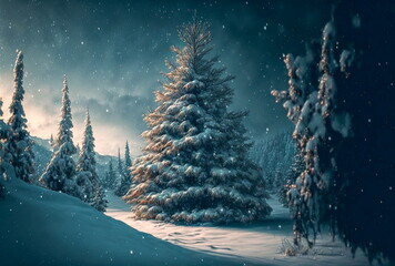 Christmas tree and snowfall in vintage style. Beautiful forest in snow landscape. Christmas and New Year holidays background