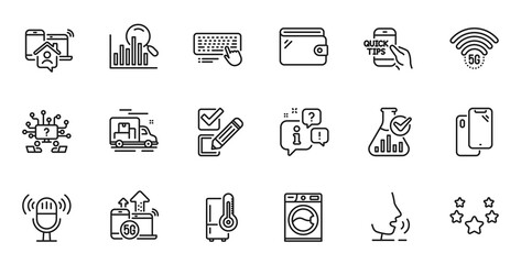Outline set of Education, Computer keyboard and Checkbox line icons for web application. Talk, information, delivery truck outline icon. Vector
