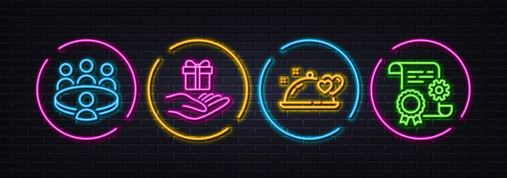 Romantic dinner, Loyalty program and Meeting minimal line icons. Neon laser 3d lights. Construction document icons. For web, application, printing. Restaurant food, Gift, Human resource. Vector
