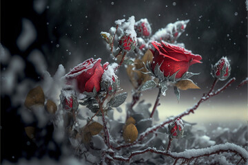 Fantasy Vintage Classic red roses bouquet and snow ice on blurred background.Generative AI..