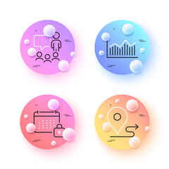 Calendar, People chatting and Money diagram minimal line icons. 3d spheres or balls buttons. Journey icons. For web, application, printing. Locked planner, Conference, Currency diagram. Vector