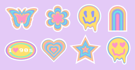 Cute trendy girly retro 2000s stickers with cartoon comic label patches. Girlish funny groovy vaporwave acid stickers in geometric shapes. Vector illustration of y2k , 90s graphic design badges	
