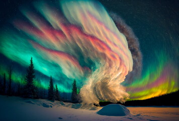 snow dust shape-shifting into a aurora borealis - obrazy, fototapety, plakaty