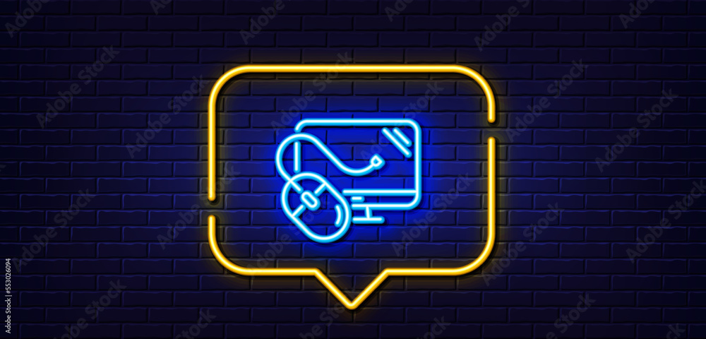 Poster neon light speech bubble. computer line icon. pc mouse component sign. monitor symbol. neon light ba