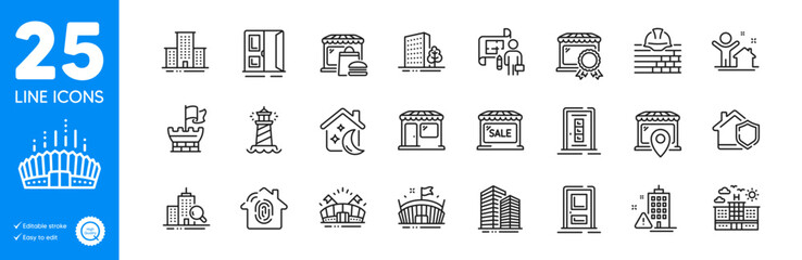 Outline icons set. Market location, Lighthouse and New house icons. Skyscraper buildings, Fingerprint access, Inspect web elements. Buildings, Hotel, Arena stadium signs. Market sale. Vector